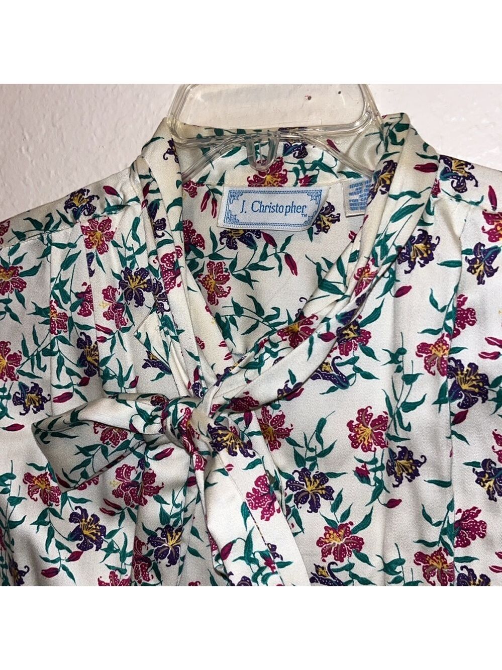 Vintage J. Christopher Floral Modest Blouse with attached neck tie cottagecore
